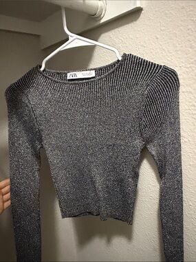 ZARA Silver Metallic Ribbed Long Sleeve Crop Top